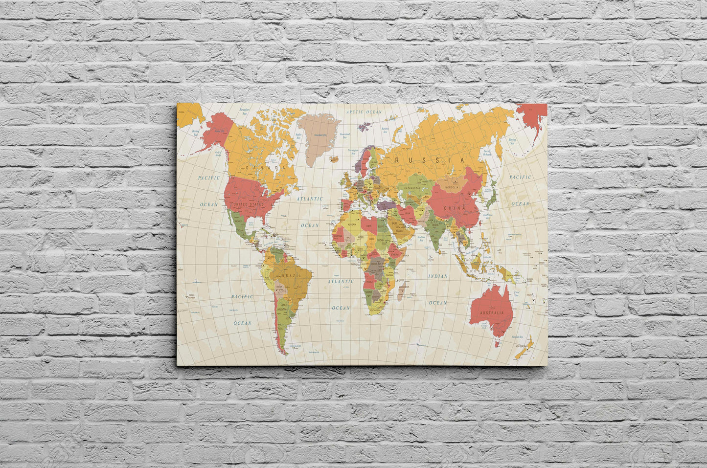 Canvas World Map | Vintage Physical World Map | Vintage Colours