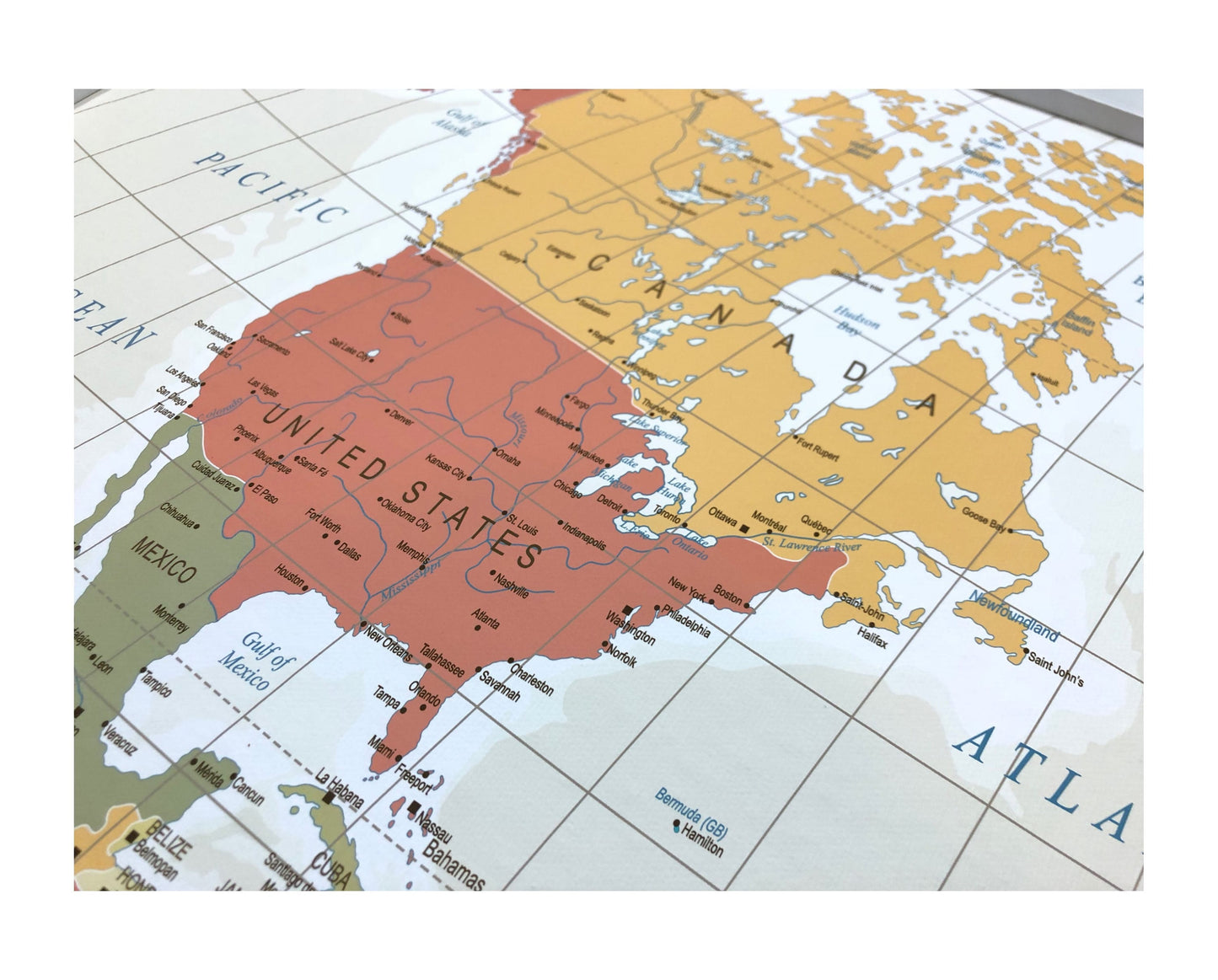 Pushpin world map | 36" x 24" or 24" x 18" | Vintage Tan (Wrap)