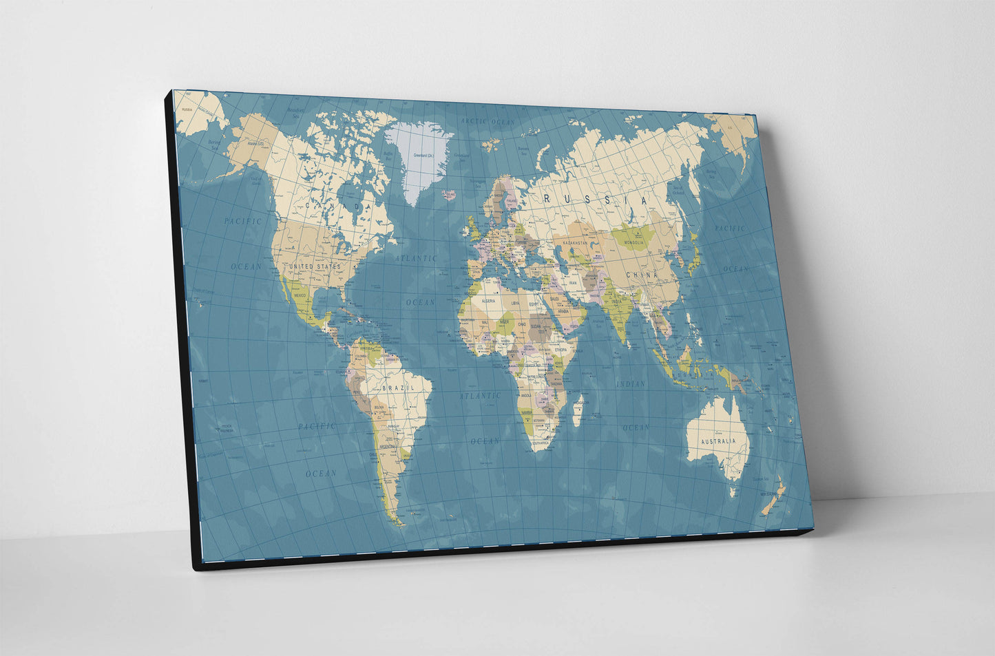 Canvas World Map | Vintage Physical World Map | Vintage Blue