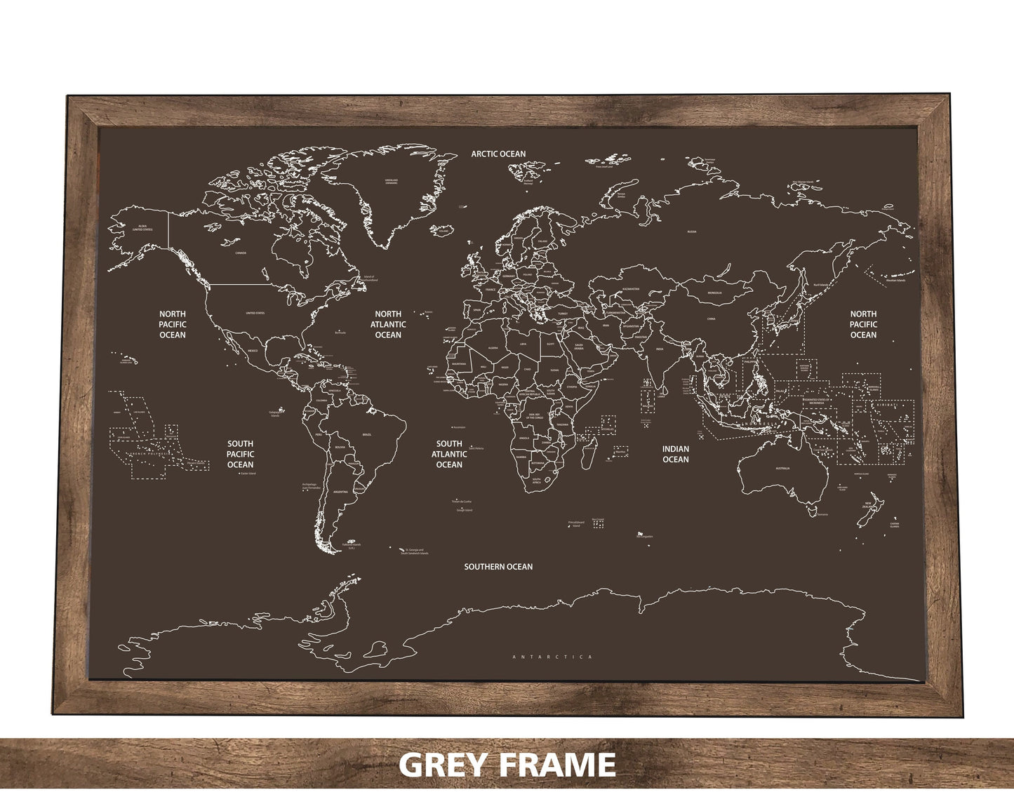 Pushpin world map | 36" x 24" or 24" x 18" | Black on Black (Straight)