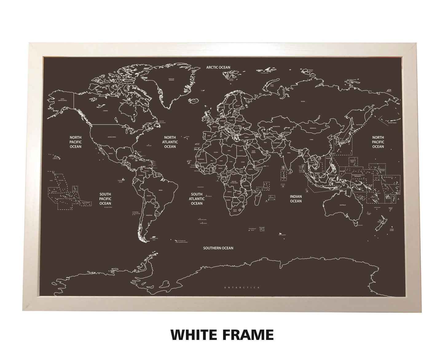 Pushpin world map | 36" x 24" or 24" x 18" | Black on Black (Straight)