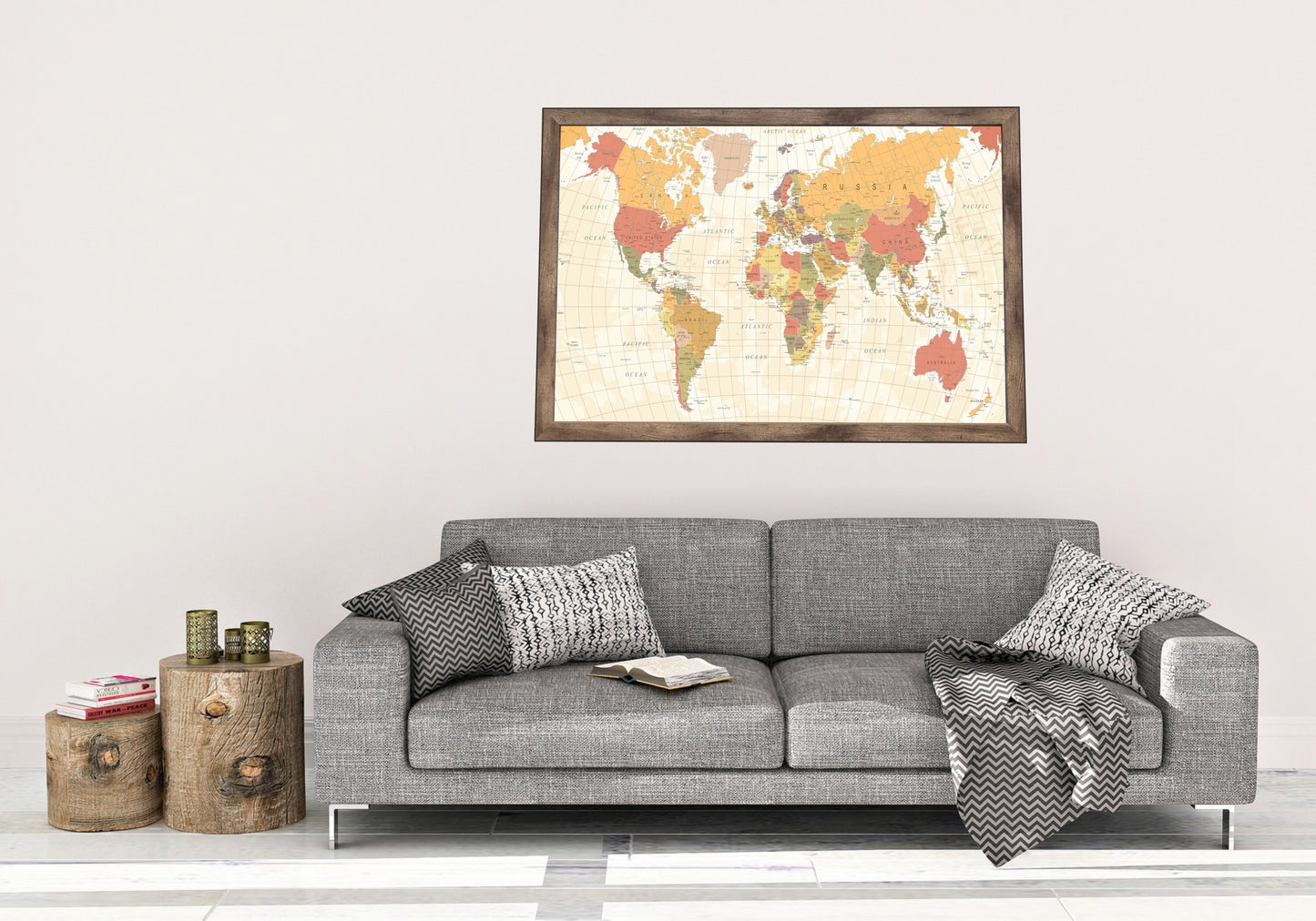 Pushpin world map | 36" x 24" or 24" x 18" | Vintage Tan (Wrap)