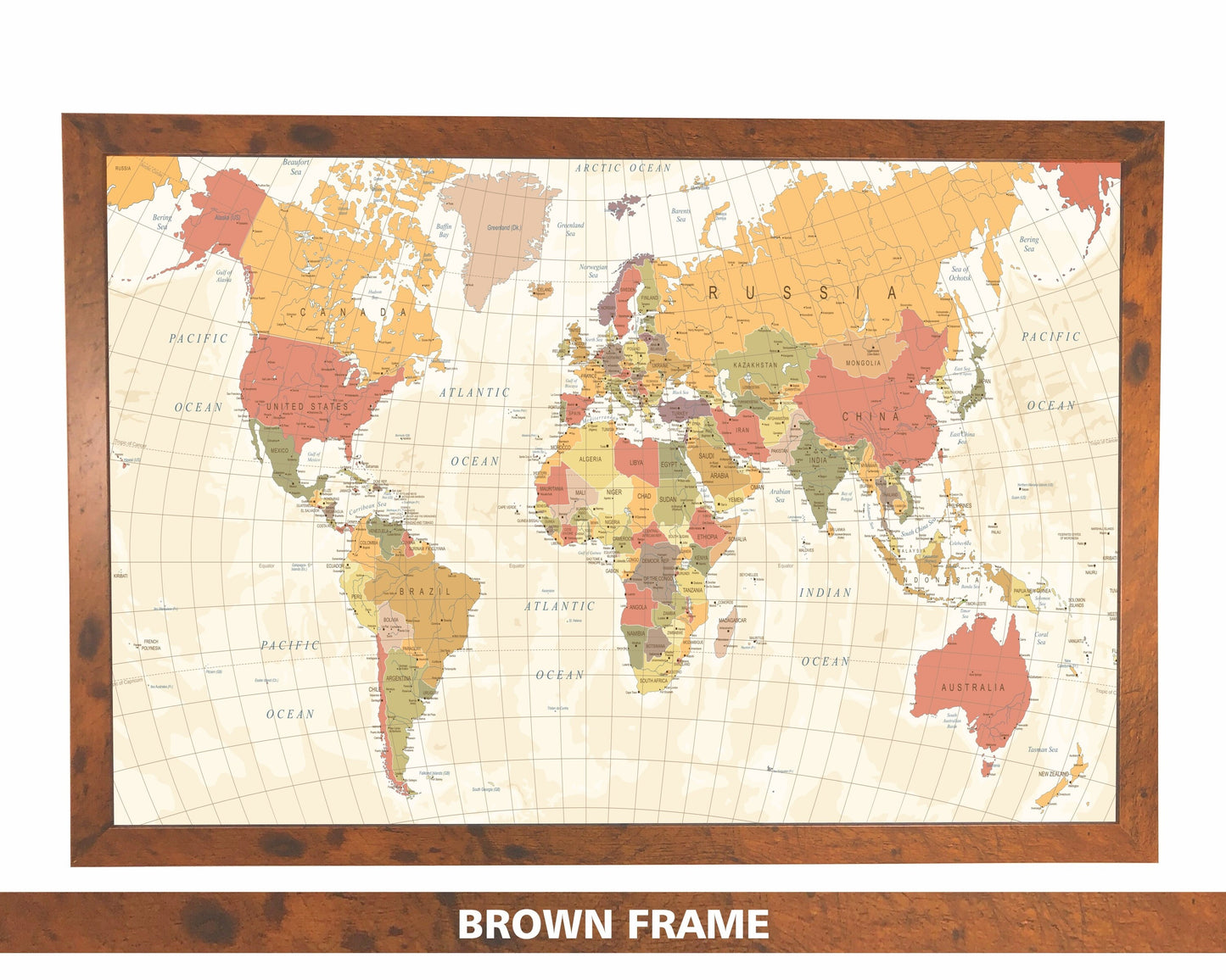 Pushpin world map | 36" x 24" or 24" x 18" | Vintage Tan (Wrap)