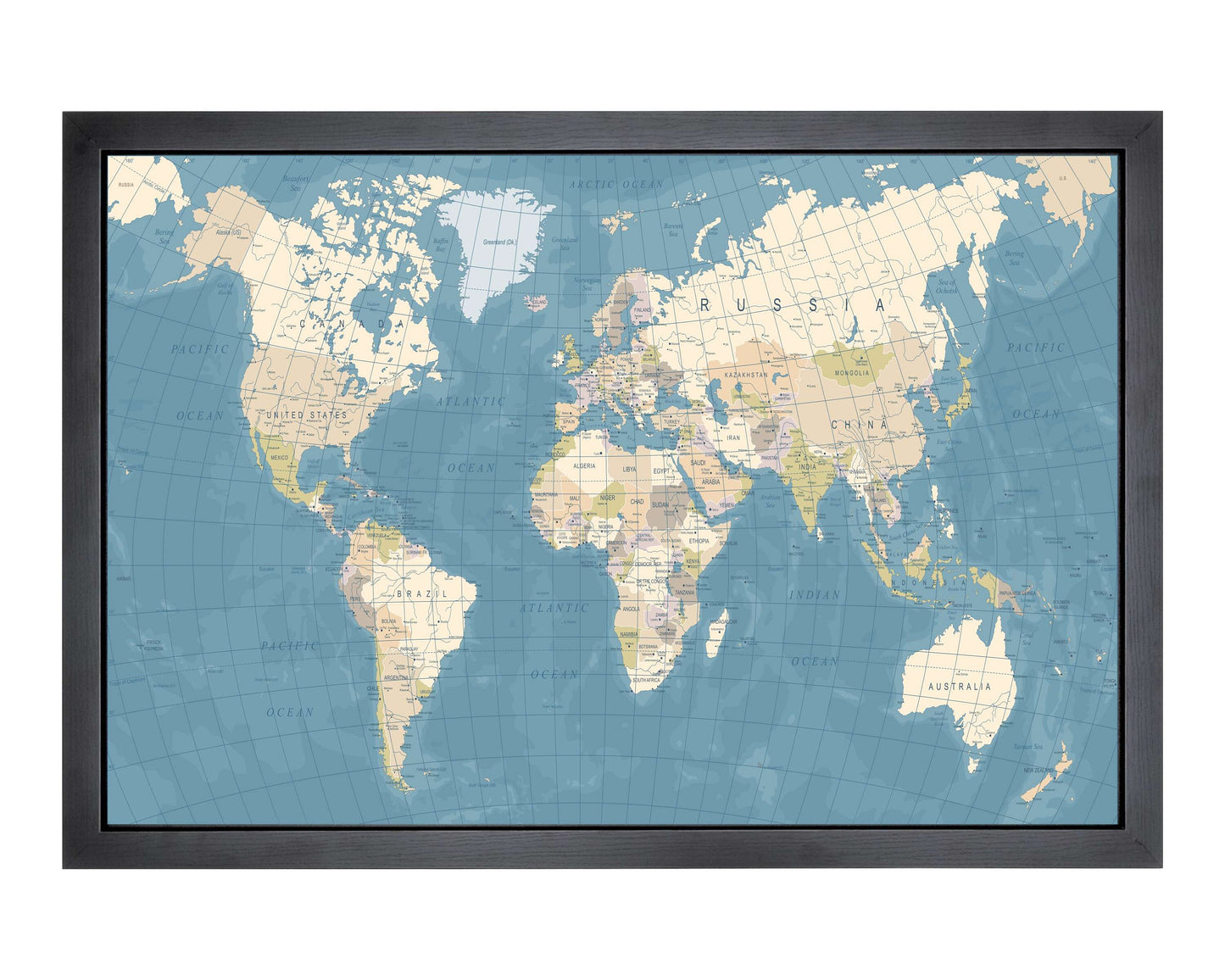 Pushpin world map | 36" x 24" or 24" x 18" | Vintage Blue (Wrap)