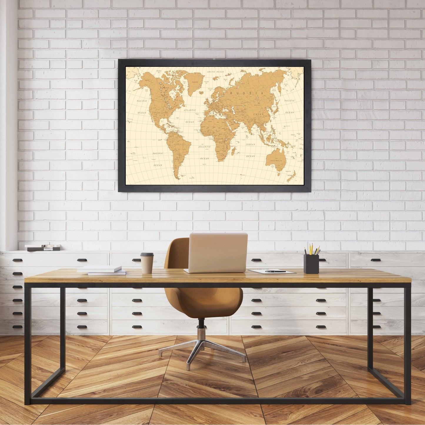 Pushpin world map | 36" x 24" or 24" x 18" | Gold Monochrome (Wrap)