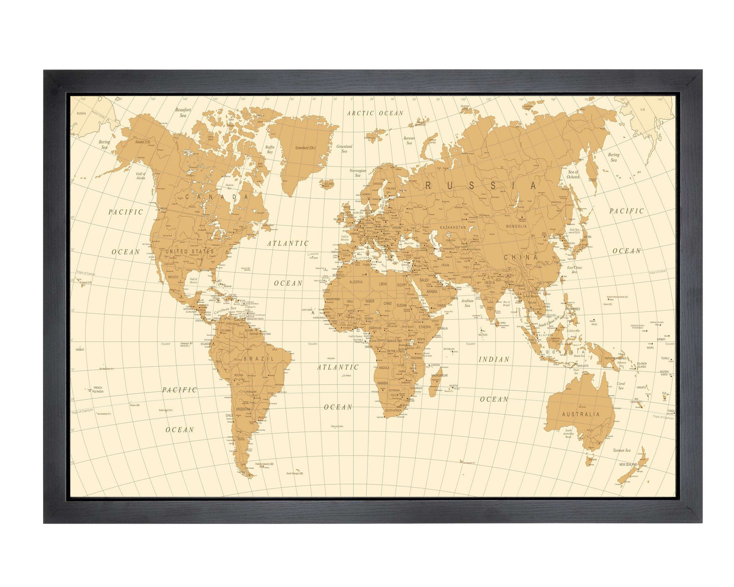Pushpin world map | 36" x 24" or 24" x 18" | Gold Monochrome (Wrap)