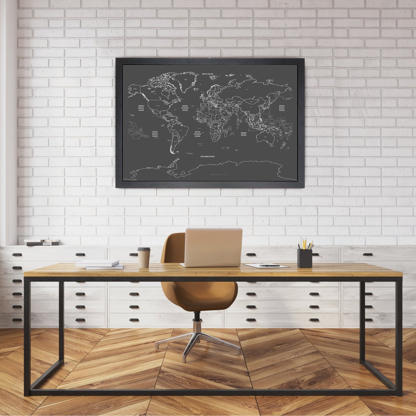 Pushpin world map | 36" x 24" or 24" x 18" | Black on Black (Straight)