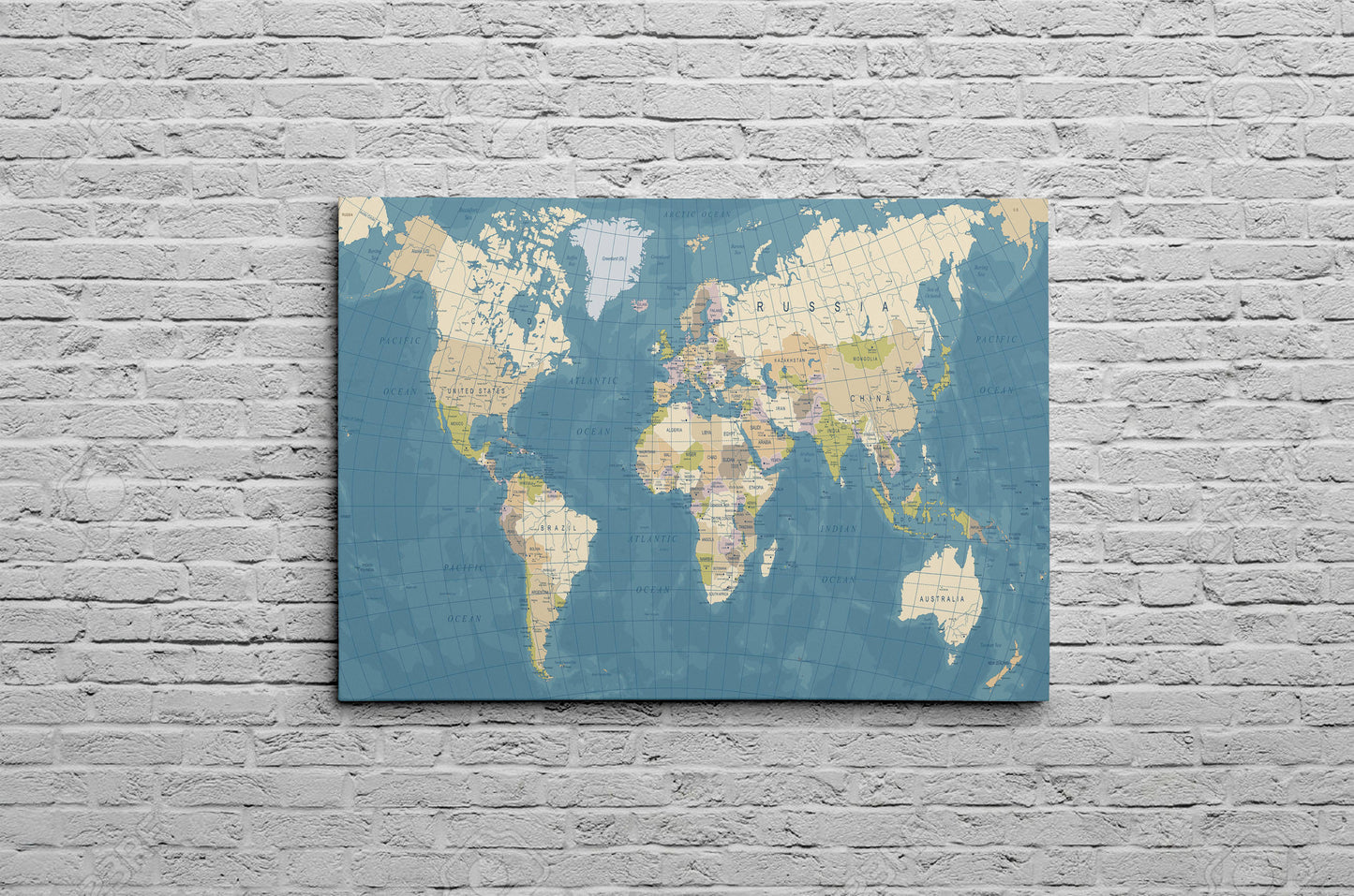 Canvas World Map | Vintage Physical World Map | Vintage Blue