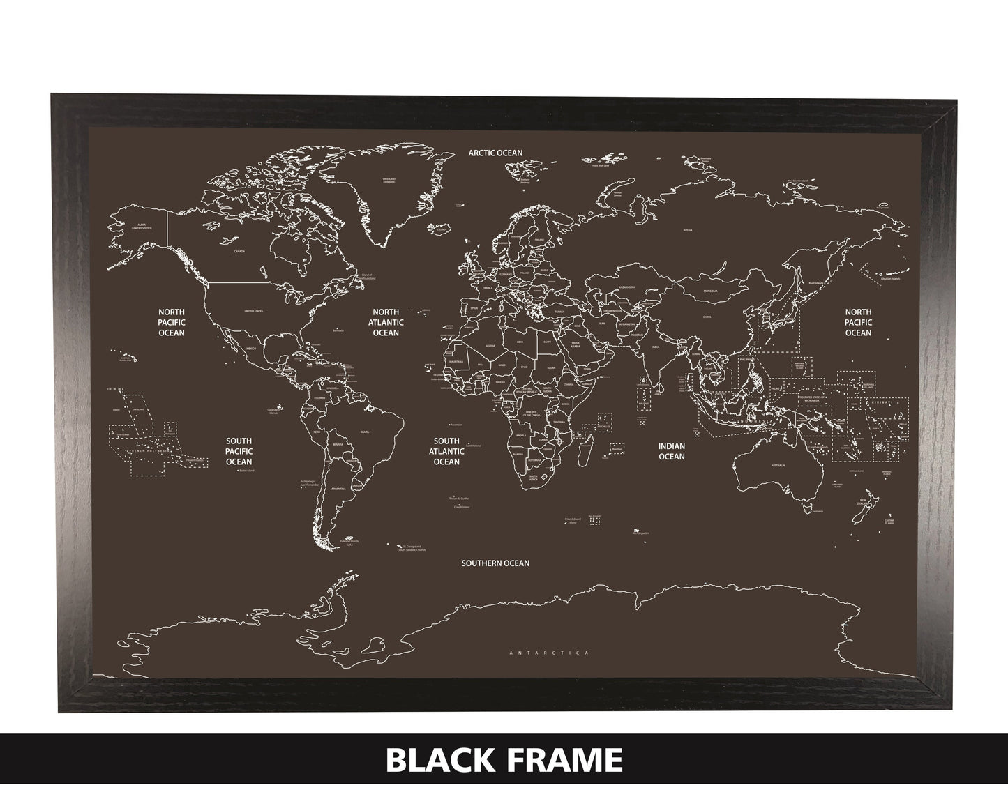 Pushpin world map | 36" x 24" or 24" x 18" | Black on Black (Straight)