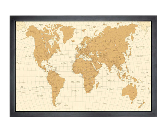 Pushpin world map | 36" x 24" or 24" x 18" | Gold Monochrome (Wrap)