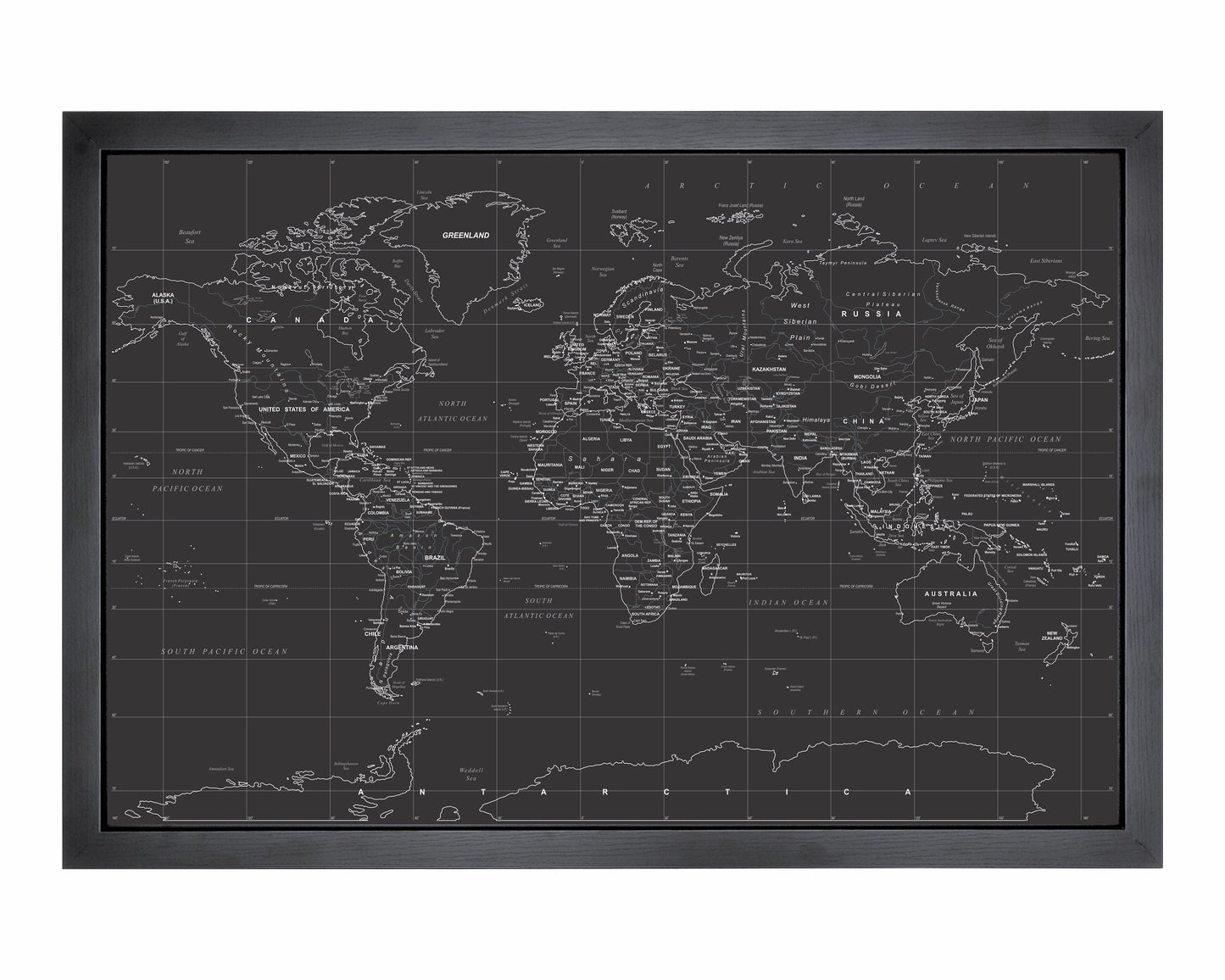 Pushpin world map | 36" x 24" or 24" x 18" | Black on Black (Straight)