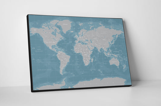 Canvas World Map | Grey on Blue